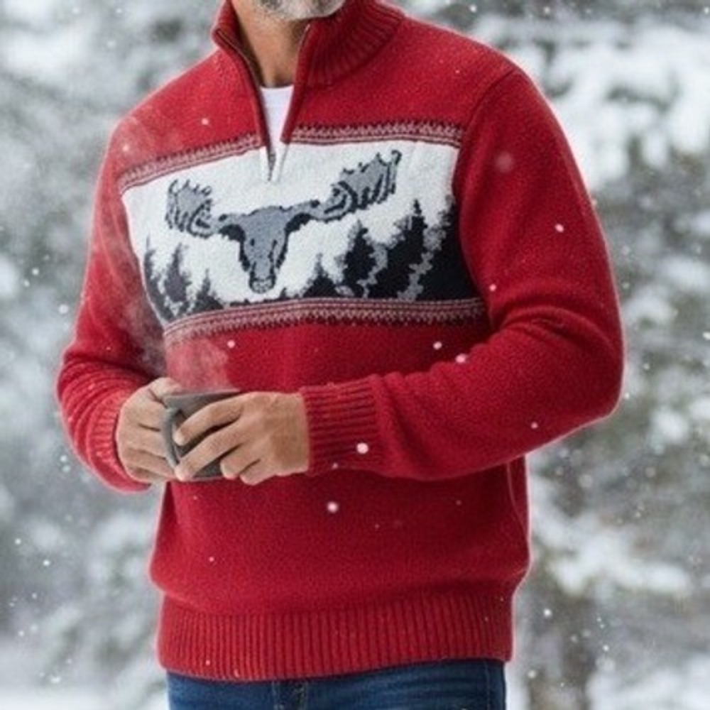 Chaps Men's Red Moose Fair Isle 1/4 Zip Sweater Knit Pullover Size M Preppy‎